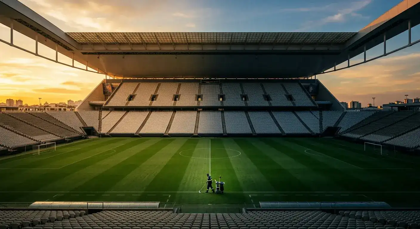 Een leeg stadion bij valavond: de schoonmaakploeg ruimt het veld op nadat het laatste fluitsignaal heeft geklonken