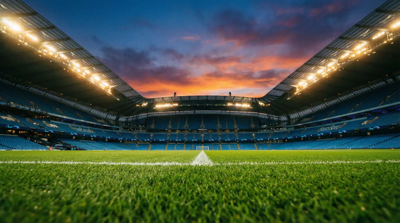 Voetbalstadion verlicht voor een avondwedstrijd tijdens een groot internationaal toernooi