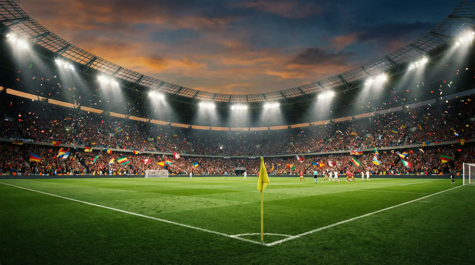 Voetbalstadion gevuld met supporters en vlaggen tijdens een internationale wedstrijd bij avondlicht