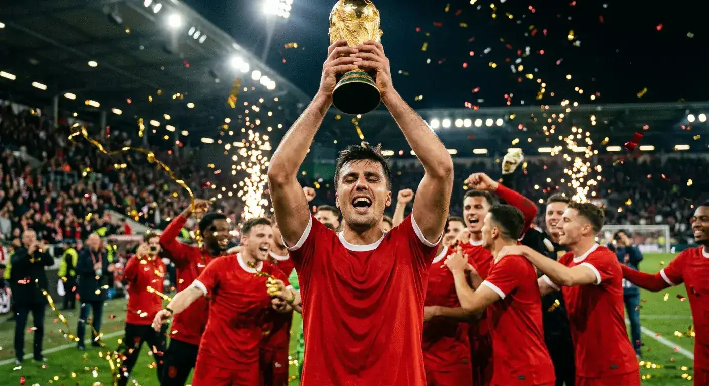 Rodri heft de WK-beker omhoog als aanvoerder van Spanje, vlak na het laatste fluitsignaal in MetLife Stadium