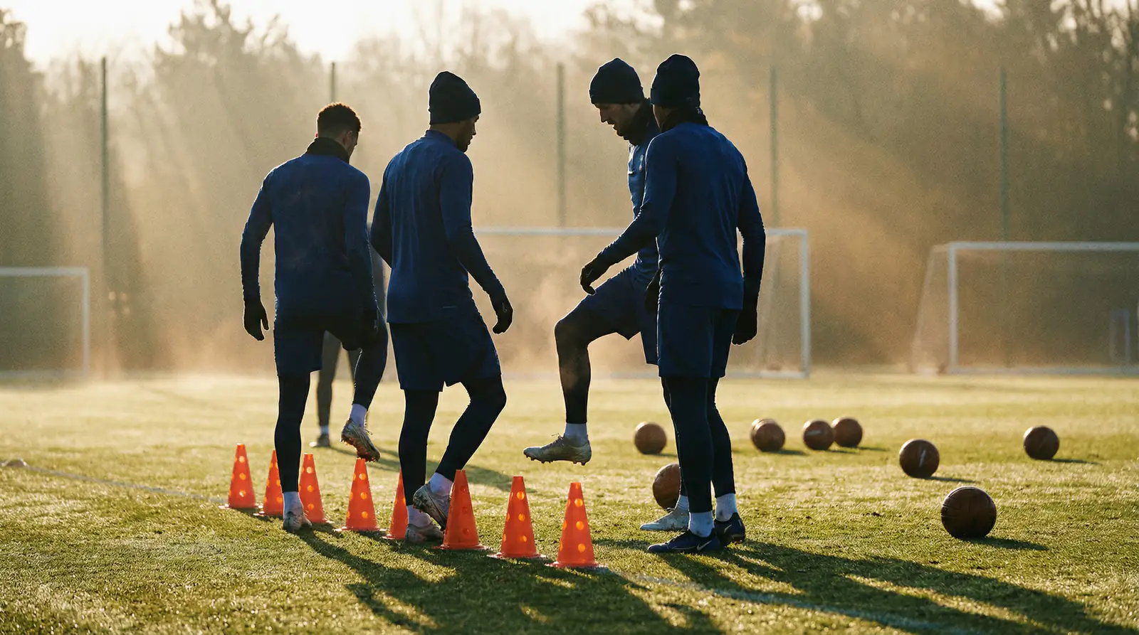 Voetbalspelers tijdens de opwarming op een trainingsveld met kegels en ballen in het ochtendlicht