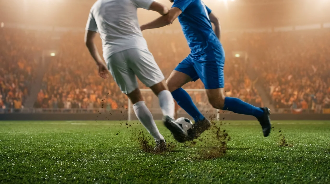 Voetballers in actie op een groen veld tijdens een competitiewedstrijd met toeschouwers op de achtergrond