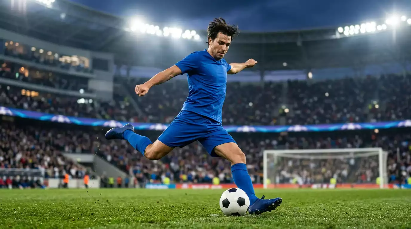 Een spits in een blauw shirt haalt uit op doel in een vol stadion